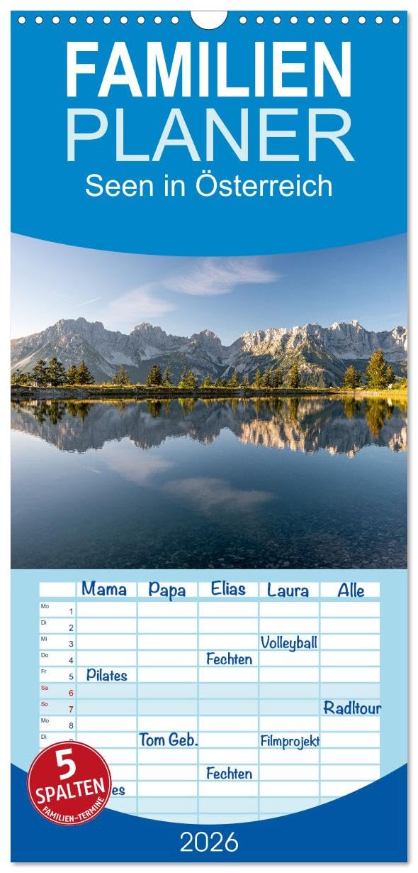 Familienplaner 2026 - Seen in Österreich mit 5 Spalten (Wandkalender, 21 cm x 45 cm), CALVENDO Leisure, Home & Garden