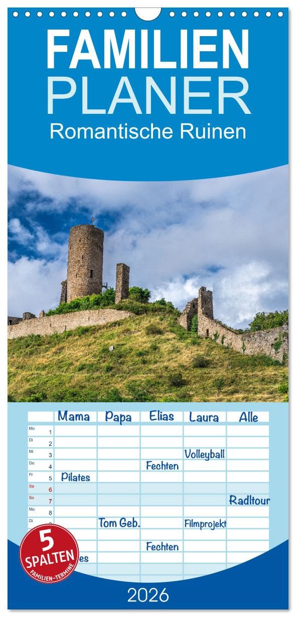 Familienplaner 2026 - Romantische Ruinen mit 5 Spalten (Wandkalender, 21 cm x 45 cm), CALVENDO Calendars