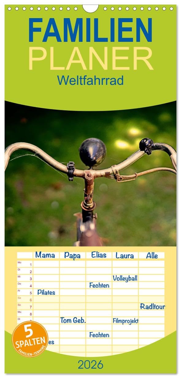 Familienplaner 2026 - Weltfahrrad mit 5 Spalten (Wandkalender, 21 x 45 cm) CALVENDO: Ästhetische Detail Aufnahmen von nostalgischen Fahrrädern mit dem Begriff Fahrrad in 48 Sprachen. (CALVENDO Sport) Film, Art & Culture