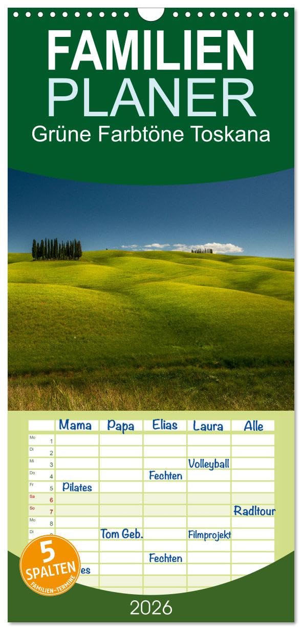 Familienplaner 2026 - Grüne Farbtöne Toskana mit 5 Spalten (Wandkalender, 21 x 45 cm) CALVENDO: Landschaften mit typisch toskanischen Hügeln (CALVENDO Natur) Photography