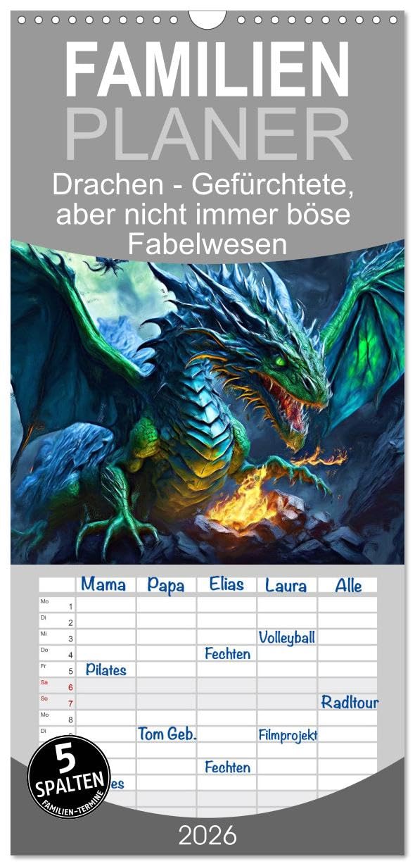 Familienplaner 2026 - Drachen - Gefürchtete, aber nicht immer böse Fabelwesen mit 5 Spalten (Wandkalender, 21 cm x 45 cm), CALVENDO Film, Art & Culture