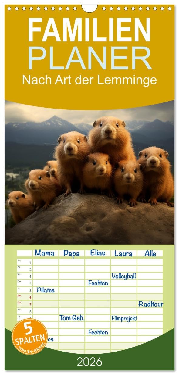 Familienplaner 2026 - Nach Art der Lemminge mit 5 Spalten (Wandkalender, 21 cm x 45 cm), CALVENDO Natural Sciences