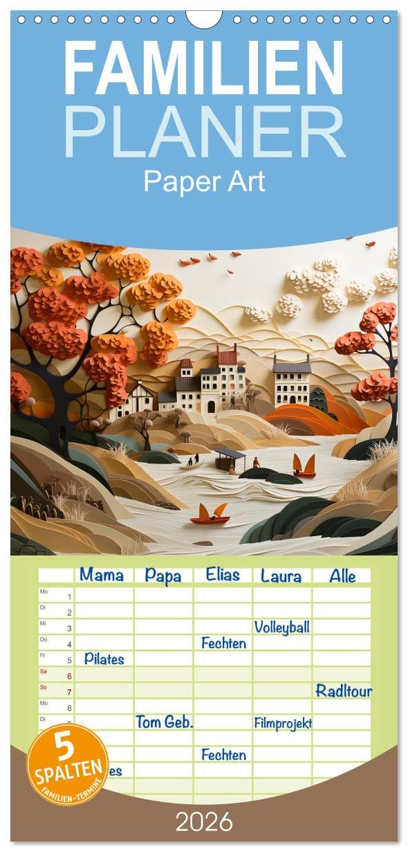 Familienplaner 2026 - Paper Art mit 5 Spalten (Wandkalender, 21 cm x 45 cm), CALVENDO Social Sciences