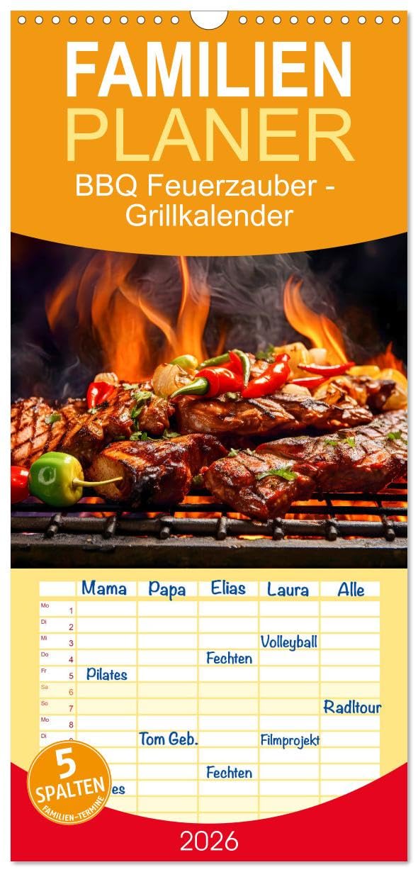 Familienplaner 2026 - BBQ Feuerzauber - Grillkalender mit 5 Spalten (Wandkalender, 21 cm x 45 cm), CALVENDO Social Sciences