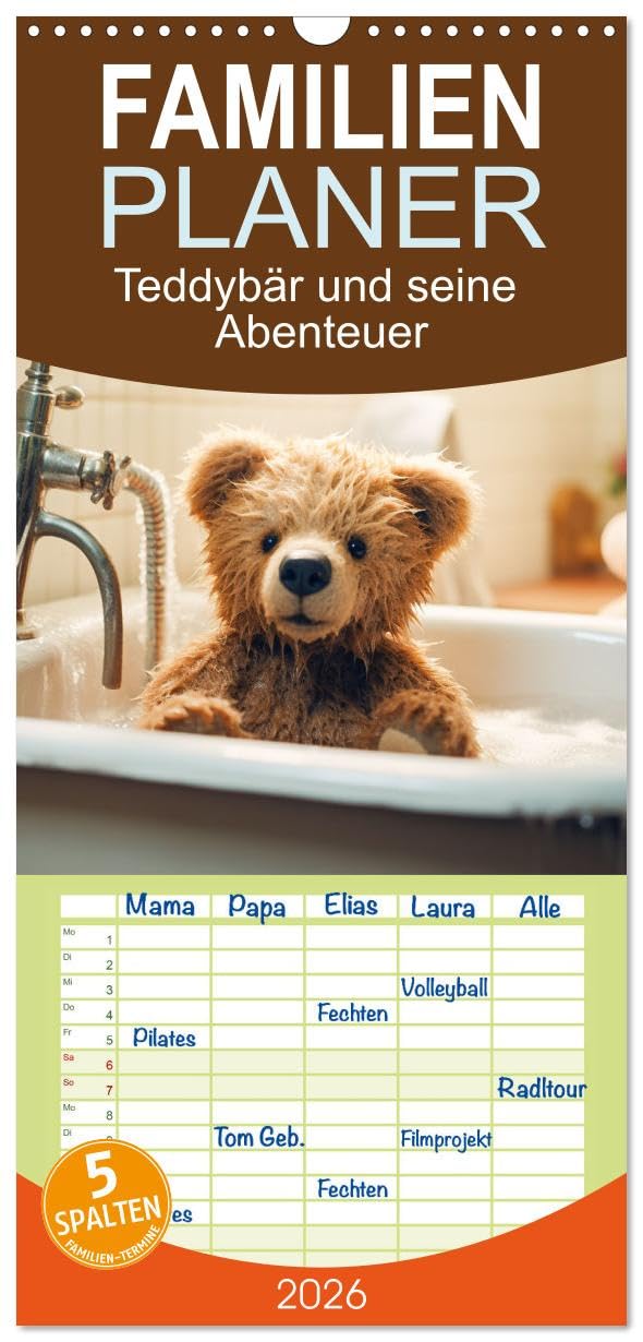 Familienplaner 2026 - Teddybär und seine Abenteuer mit 5 Spalten (Wandkalender, 21 cm x 45 cm), CALVENDO Leisure, Home & Garden