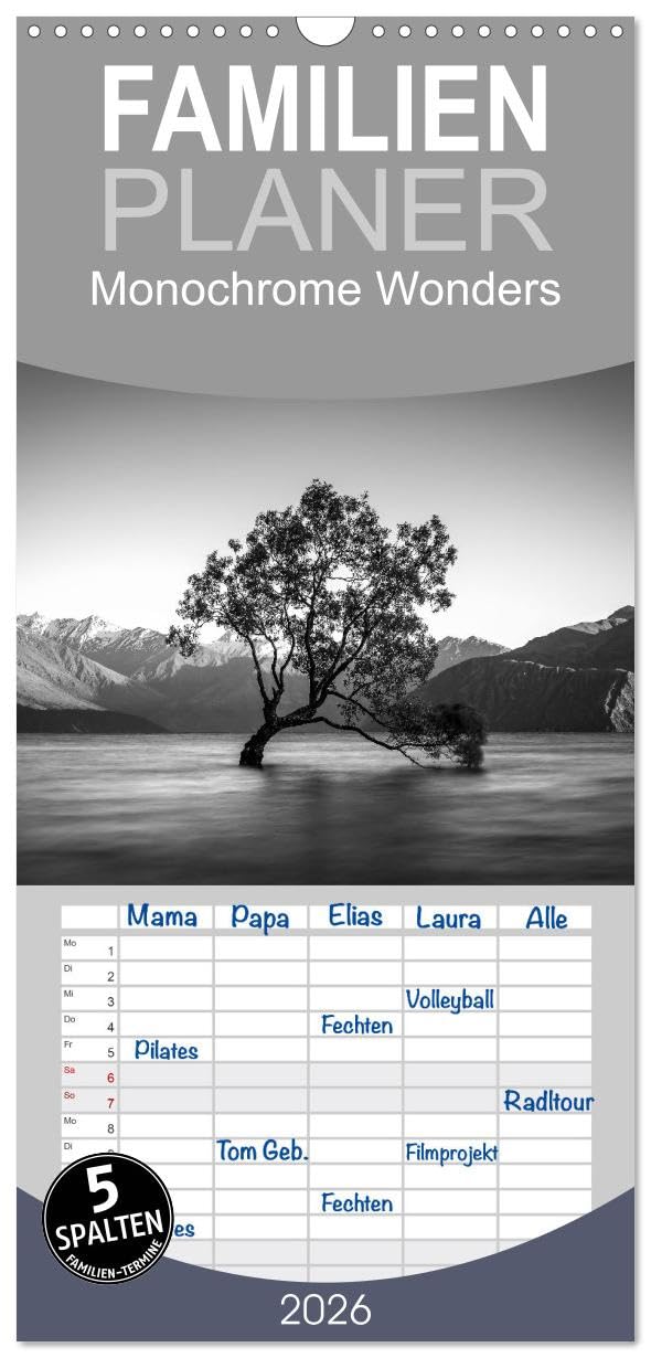Familienplaner 2026 - Monochrome Wonders mit 5 Spalten (Wandkalender, 21 cm x 45 cm), CALVENDO Photography