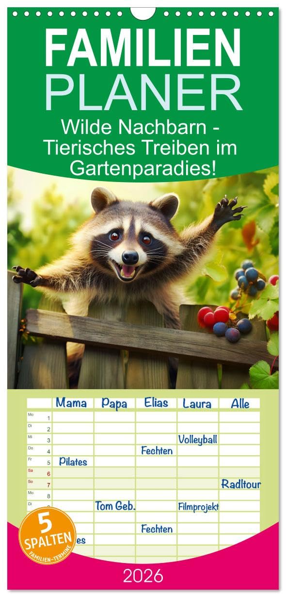 Familienplaner 2026 - Wilde Nachbarn - Tierisches Treiben im Gartenparadies! mit 5 Spalten (Wandkalender, 21 cm x 45 cm), CALVENDO Social Sciences