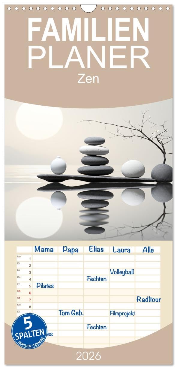 Familienplaner 2026 - Zen mit 5 Spalten (Wandkalender, 21 cm x 45 cm), CALVENDO Social Sciences