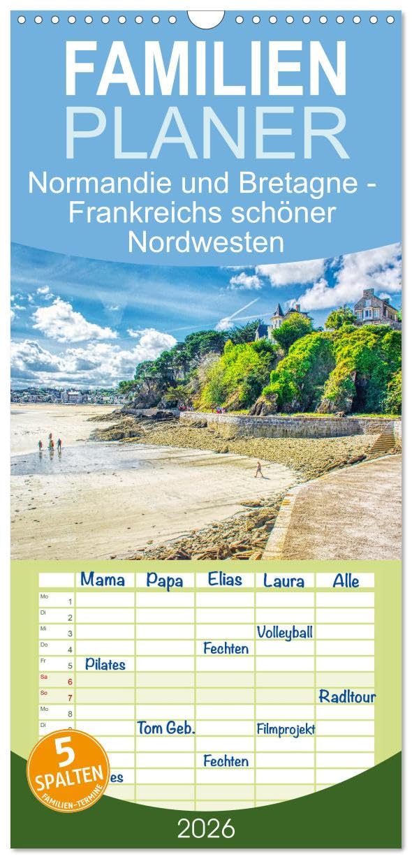Familienplaner 2026 - Normandie und Bretagne - Frankreichs schöner Nordwesten mit 5 Spalten (Wandkalender, 21 cm x 45 cm), CALVENDO Calendars