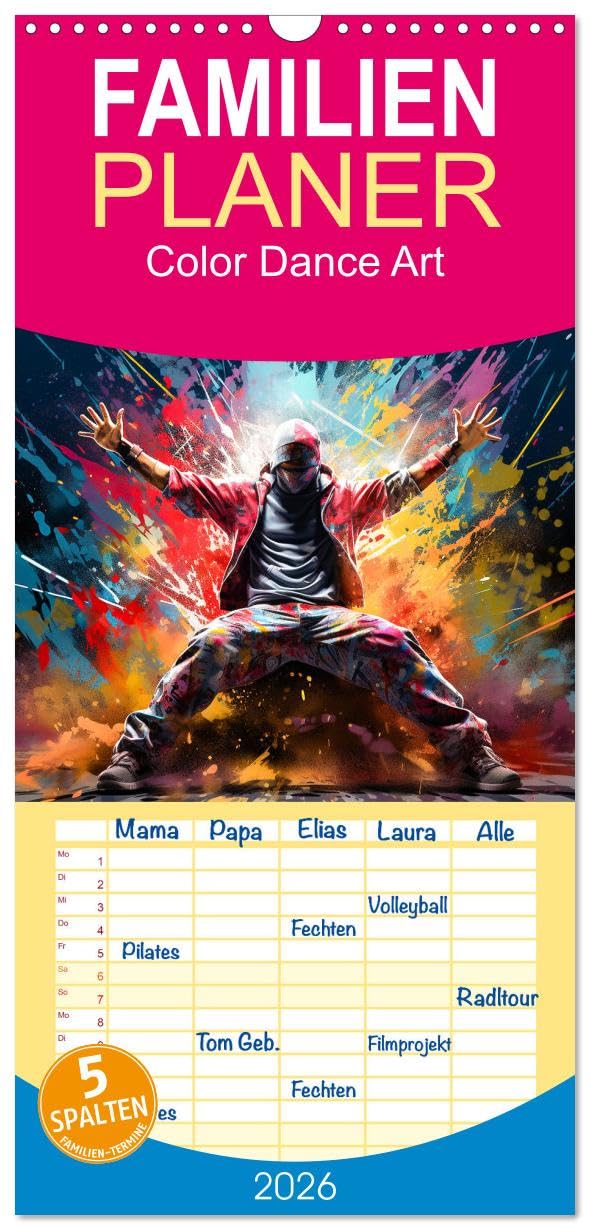 Familienplaner 2026 - Color Dance Art mit 5 Spalten (Wandkalender, 21 cm x 45 cm), CALVENDO Social Sciences