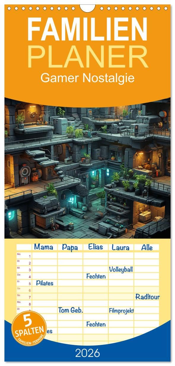 Familienplaner 2026 - Gamer Nostalgie mit 5 Spalten (Wandkalender, 21 cm x 45 cm), CALVENDO Leisure, Home & Garden