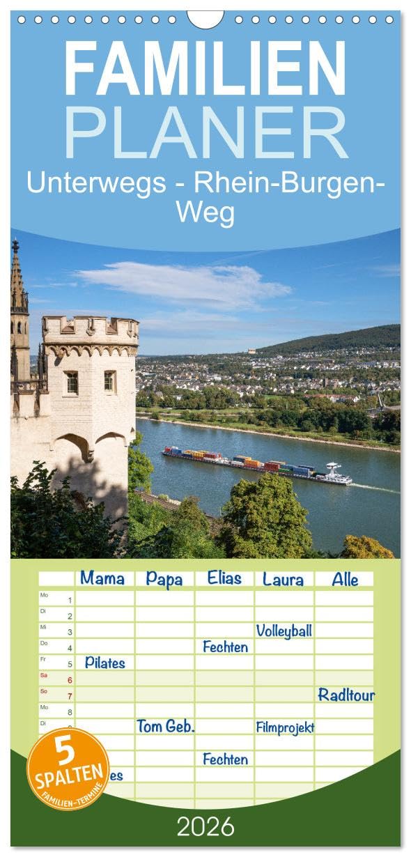 Familienplaner 2026 - Unterwegs - Rhein-Burgen-Weg mit 5 Spalten (Wandkalender, 21 cm x 45 cm), CALVENDO Leisure, Home & Garden