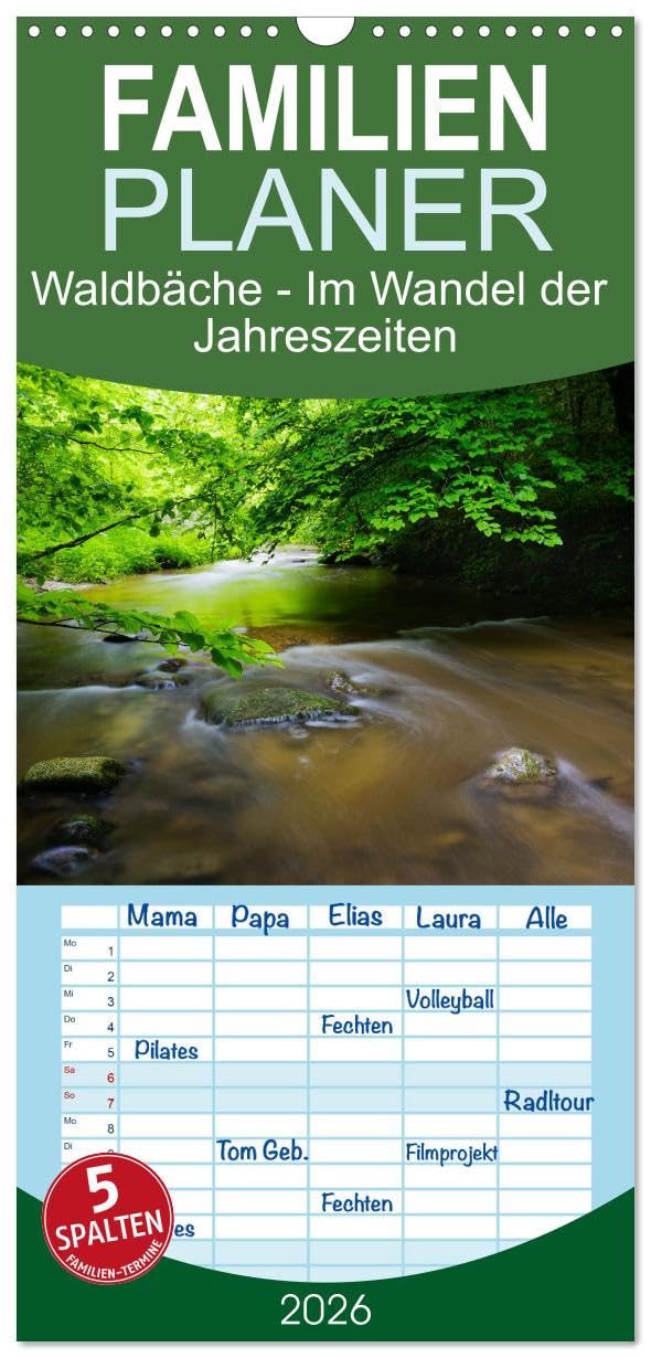 Familienplaner 2026 - Waldbäche - Im Wandel der Jahreszeiten mit 5 Spalten (Wandkalender, 21 cm x 45 cm), CALVENDO Leisure, Home & Garden