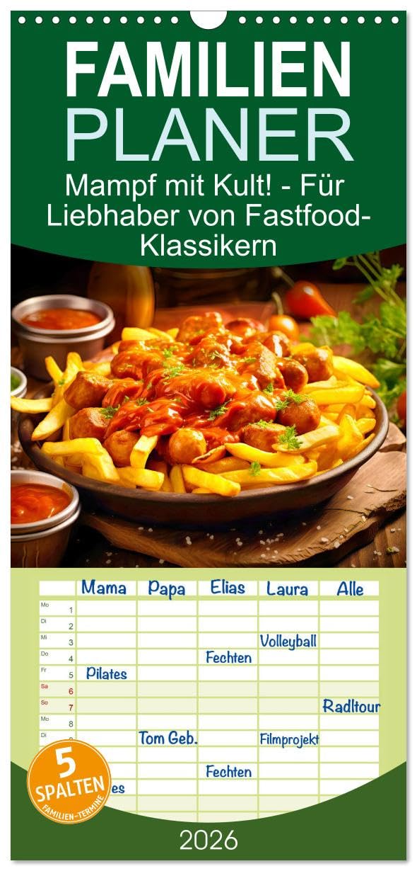 Familienplaner 2026 - Mampf mit Kult! - Für Liebhaber von Fastfood-Klassikern mit 5 Spalten (Wandkalender, 21 cm x 45 cm), CALVENDO Social Sciences