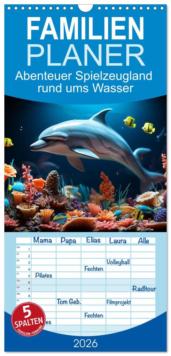 Familienplaner 2026 - Abenteuer Spielzeugland rund ums Wasser mit 5 Spalten (Wandkalender, 21 cm x 45 cm), CALVENDO Film, Art & Culture