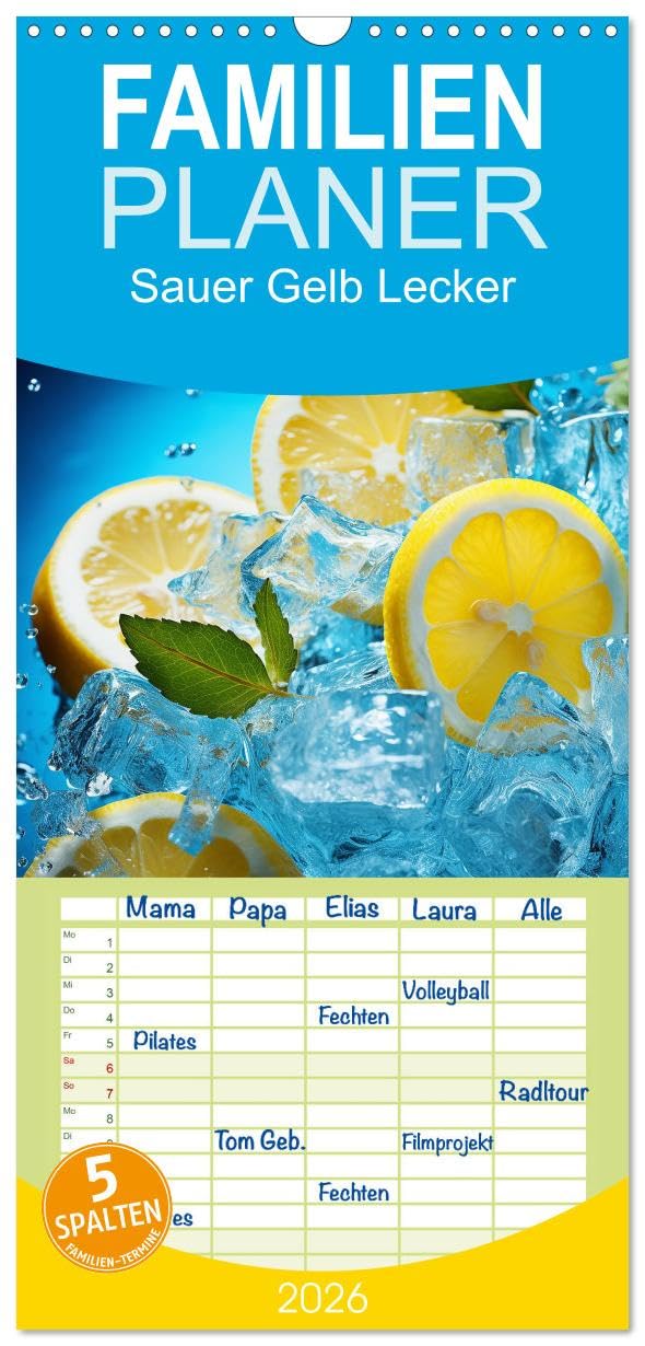 Familienplaner 2026 - Sauer Gelb Lecker mit 5 Spalten (Wandkalender, 21 cm x 45 cm), CALVENDO Social Sciences