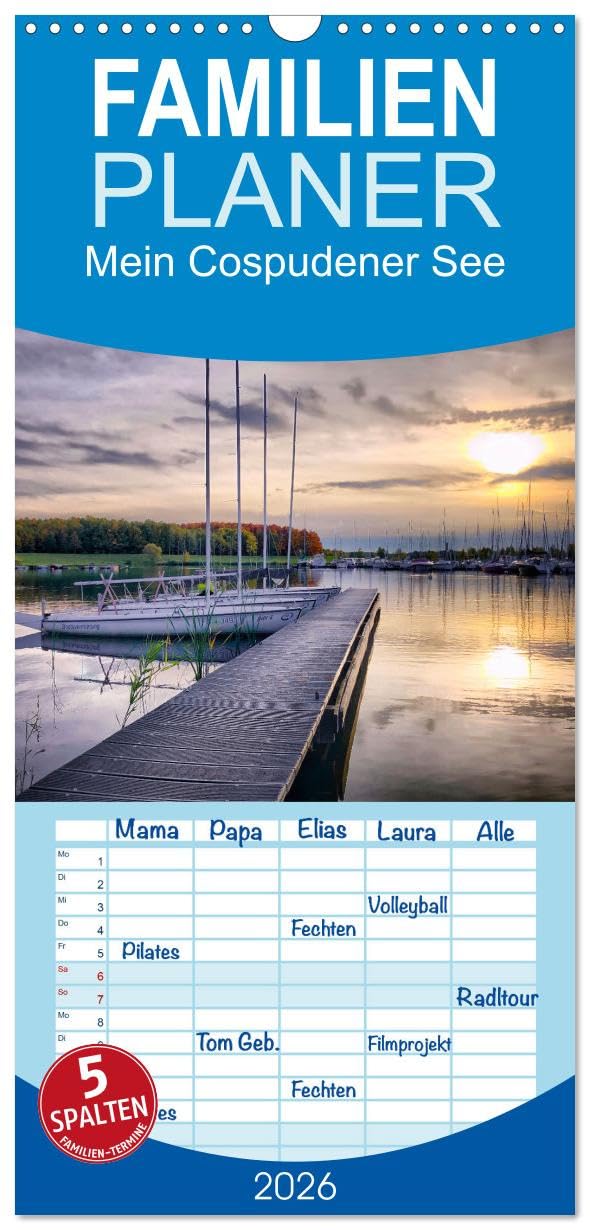 Familienplaner 2026 - Mein Cospudener See mit 5 Spalten (Wandkalender, 21 cm x 45 cm), CALVENDO Calendars