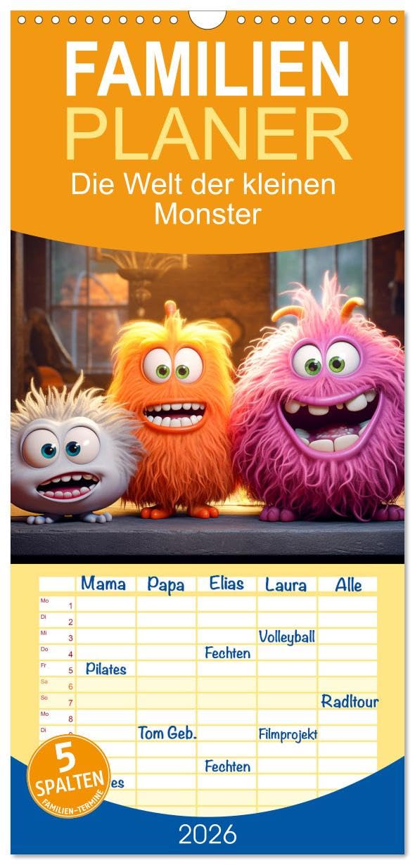 Familienplaner 2026 - Die Welt der kleinen Monster mit 5 Spalten (Wandkalender, 21 cm x 45 cm), CALVENDO Social Sciences