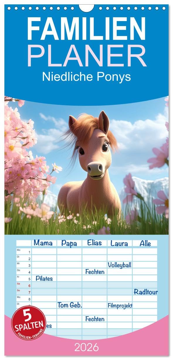 Familienplaner 2026 - Niedliche Ponys mit 5 Spalten (Wandkalender, 21 cm x 45 cm), CALVENDO Natural Sciences