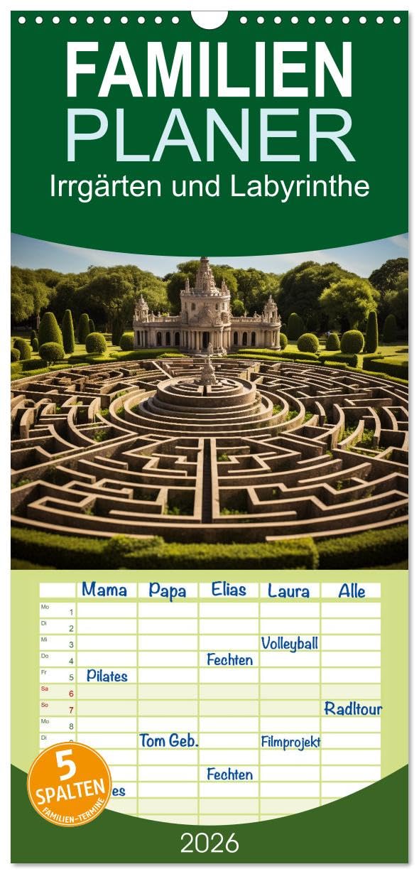 Familienplaner 2026 - Irrgärten und Labyrinthe mit 5 Spalten (Wandkalender, 21 cm x 45 cm), CALVENDO Sports