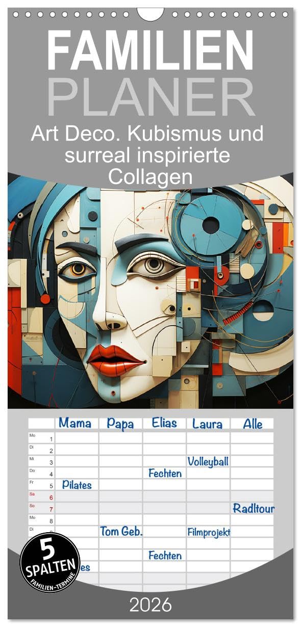 Familienplaner 2026 - Art Deco. Kubismus und surreal inspirierte Collagen mit 5 Spalten (Wandkalender, 21 cm x 45 cm), CALVENDO Living & Furnishing