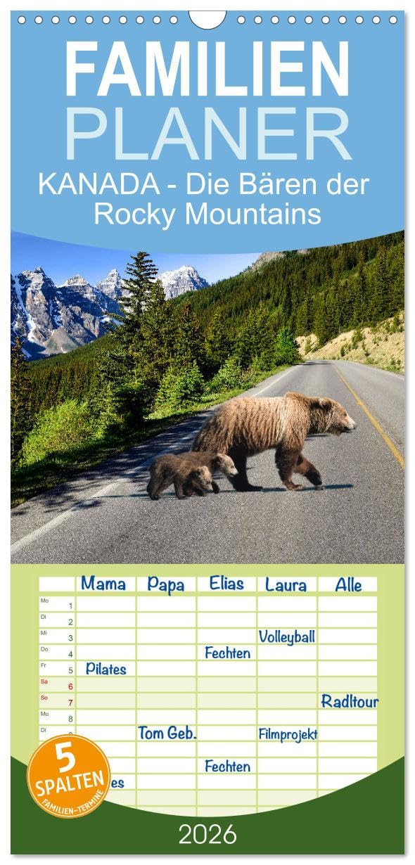 Familienplaner 2026 - KANADA - Die Bären der Rocky Mountains mit 5 Spalten (Wandkalender, 21 cm x 45 cm), CALVENDO Natural Sciences