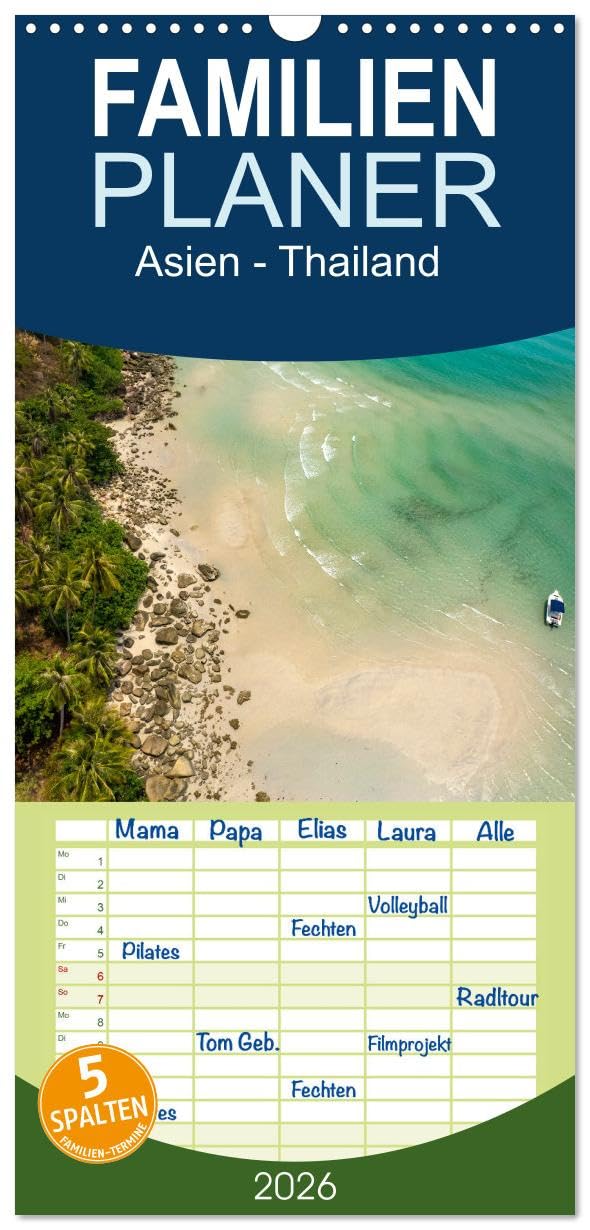 Familienplaner 2026 - Asien - Thailand mit 5 Spalten (Wandkalender, 21 cm x 45 cm), CALVENDO Leisure, Home & Garden