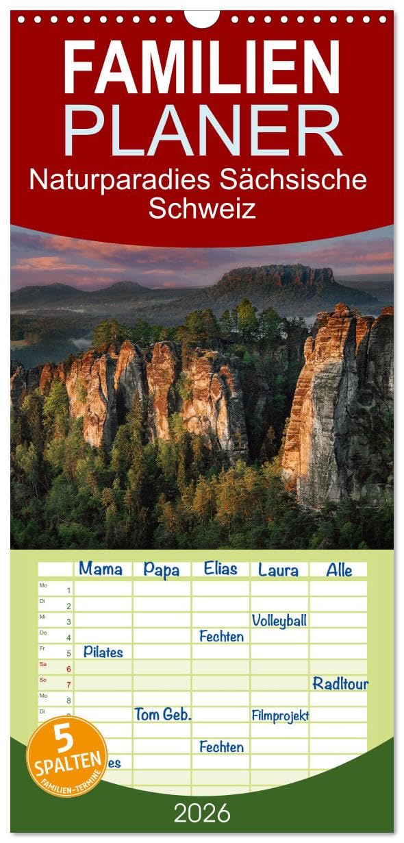 Familienplaner 2026 - Naturparadies Sächsische Schweiz mit 5 Spalten (Wandkalender, 21 cm x 45 cm), CALVENDO Leisure, Home & Garden