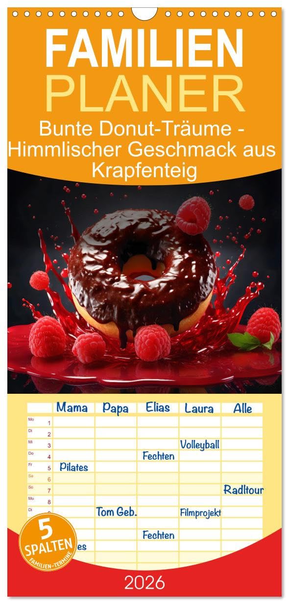 Familienplaner 2026 - Bunte Donut-Träume - Himmlischer Geschmack aus Krapfenteig mit 5 Spalten (Wandkalender, 21 cm x 45 cm), CALVENDO Leisure, Home & Garden