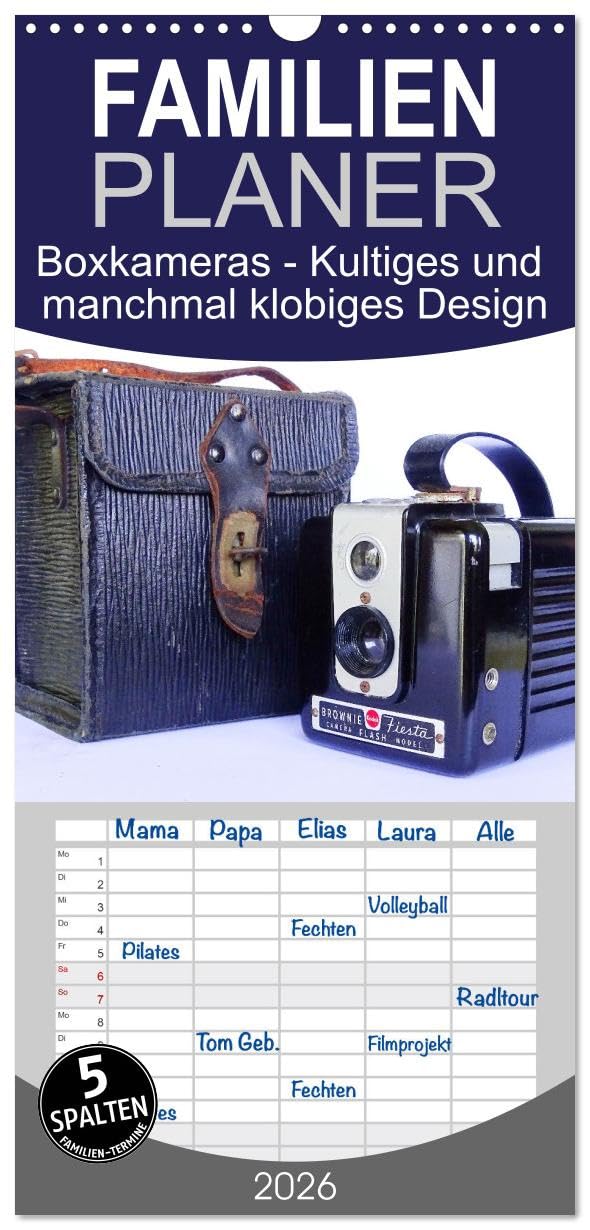Familienplaner 2026 - Boxkameras - Kultiges und manchmal klobiges Design mit 5 Spalten (Wandkalender, 21 cm x 45 cm), CALVENDO Photography
