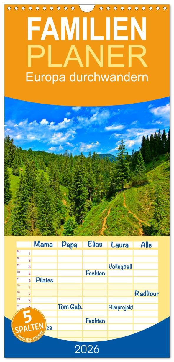 Familienplaner 2026 - Europa durchwandern mit 5 Spalten (Wandkalender, 21 cm x 45 cm), CALVENDO Leisure, Home & Garden