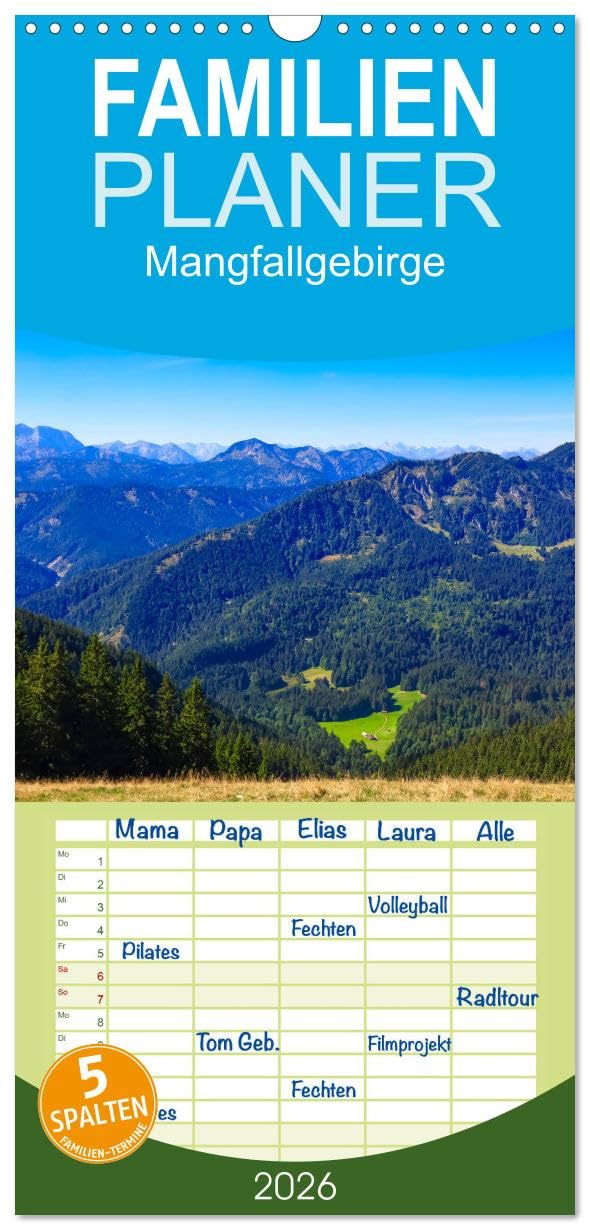 Familienplaner 2026 - Mangfallgebirge mit 5 Spalten (Wandkalender, 21 cm x 45 cm), CALVENDO Film, Art & Culture