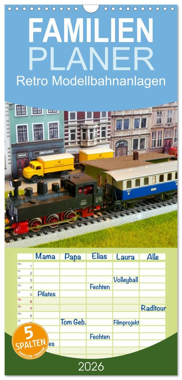 Familienplaner 2026 - Retro Modellbahnanlagen mit 5 Spalten (Wandkalender, 21 cm x 45 cm), CALVENDO Sports