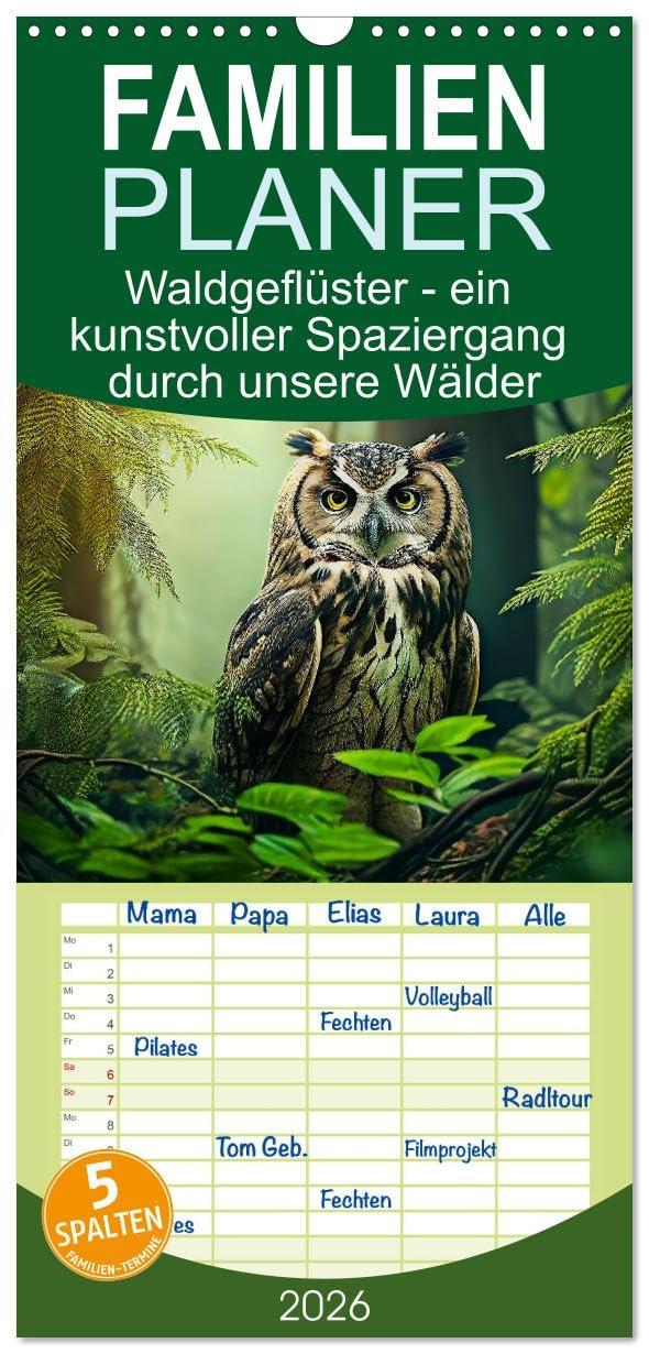 Familienplaner 2026 - Waldgeflüster - ein kunstvoller Spaziergang durch unsere Wälder mit 5 Spalten (Wandkalender, 21 cm x 45 cm), CALVENDO Lifestyle