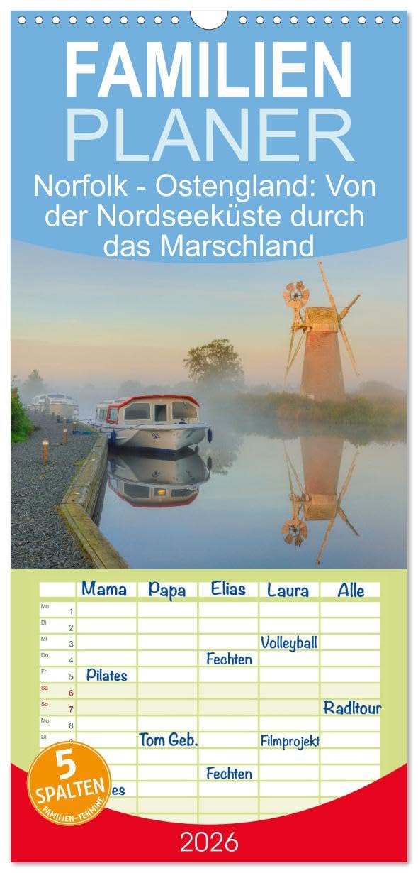 Familienplaner 2026 - Norfolk - Ostengland: Von der Nordseeküste durch das Marschland mit 5 Spalten (Wandkalender, 21 cm x 45 cm), CALVENDO Leisure, Home & Garden