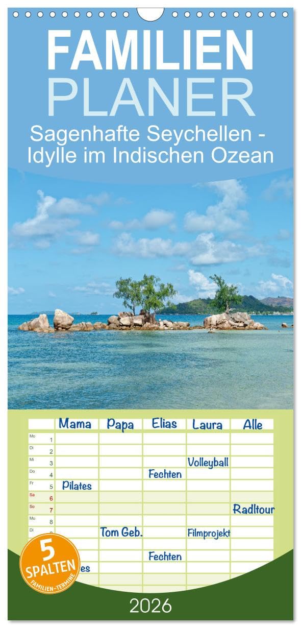 Familienplaner 2026 - Sagenhafte Seychellen - Idylle im Indischen Ozean mit 5 Spalten (Wandkalender, 21 cm x 45 cm), CALVENDO Social Sciences