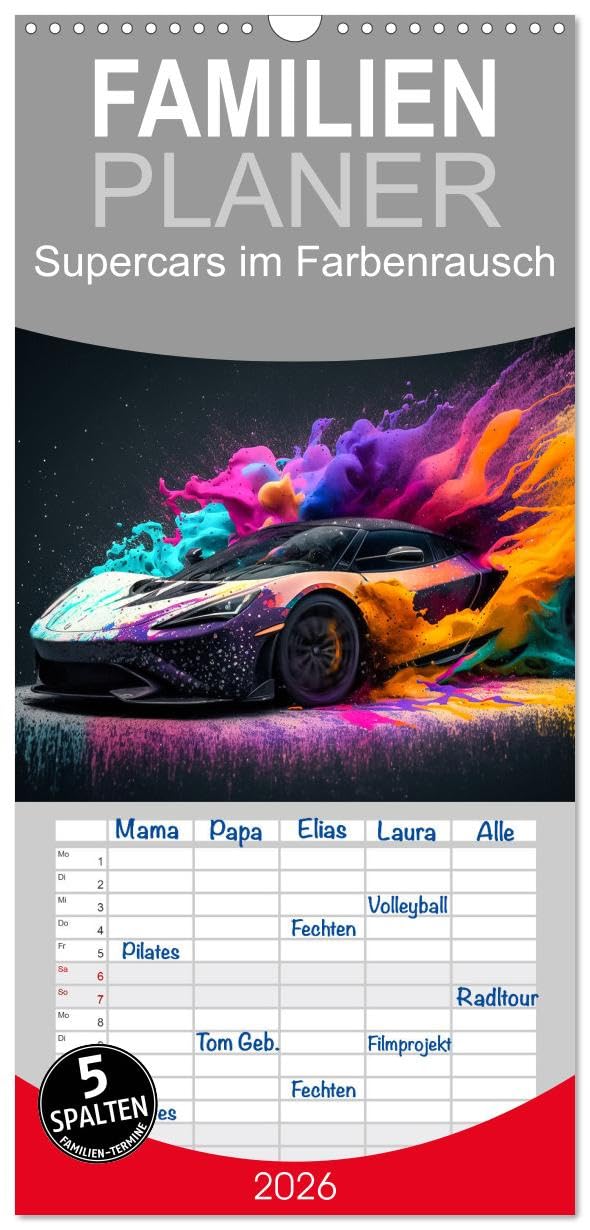 Familienplaner 2026 - Supercars im Farbenrausch mit 5 Spalten (Wandkalender, 21 cm x 45 cm), CALVENDO Leisure, Home & Garden