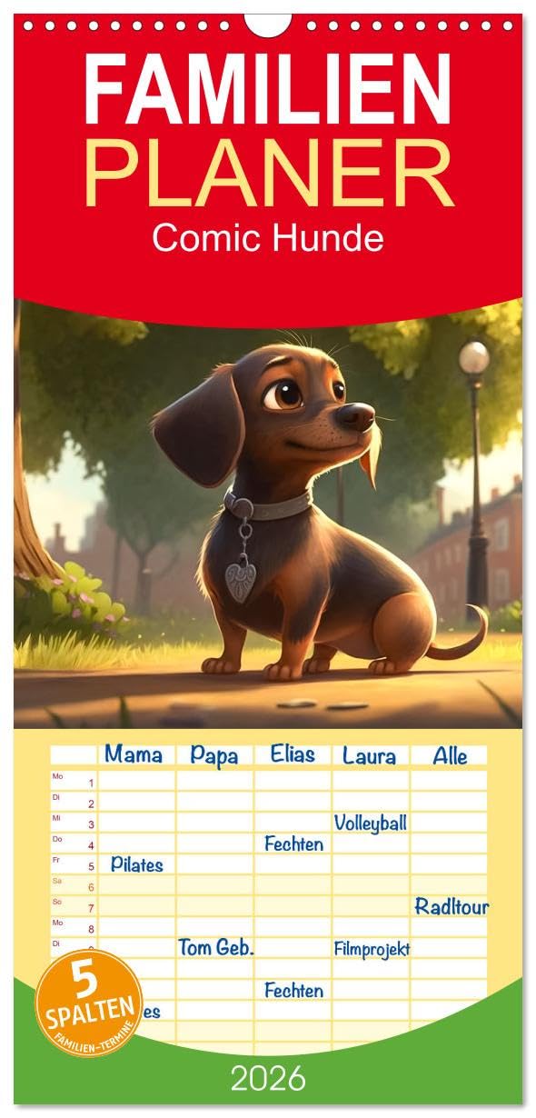 Familienplaner 2026 - Comic Hunde mit 5 Spalten (Wandkalender, 21 cm x 45 cm), CALVENDO Natural Sciences