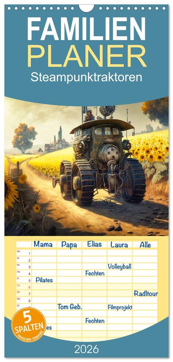 Familienplaner 2026 - Steampunktraktoren mit 5 Spalten (Wandkalender, 21 cm x 45 cm), CALVENDO Lifestyle