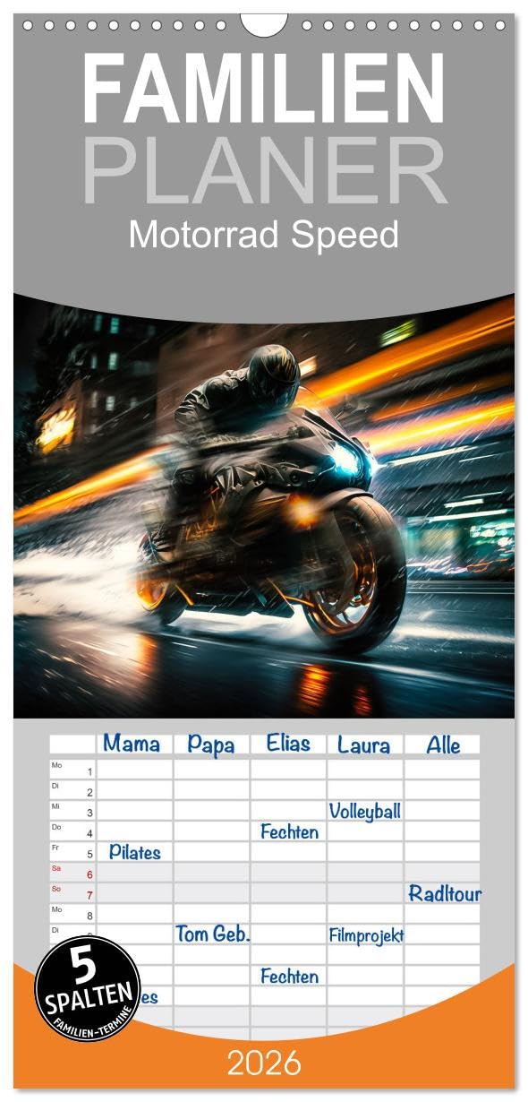 Familienplaner 2026 - Motorrad Speed mit 5 Spalten (Wandkalender, 21 cm x 45 cm), CALVENDO Leisure, Home & Garden