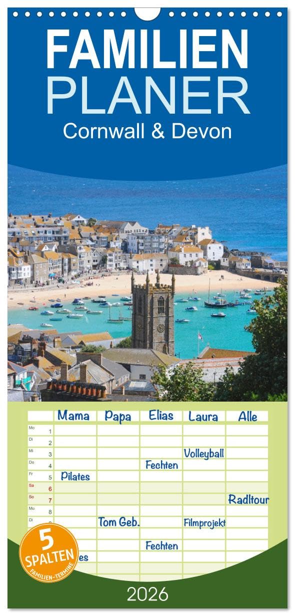 Familienplaner 2026 - Cornwall & Devon mit 5 Spalten (Wandkalender, 21 cm x 45 cm), CALVENDO Film, Art & Culture