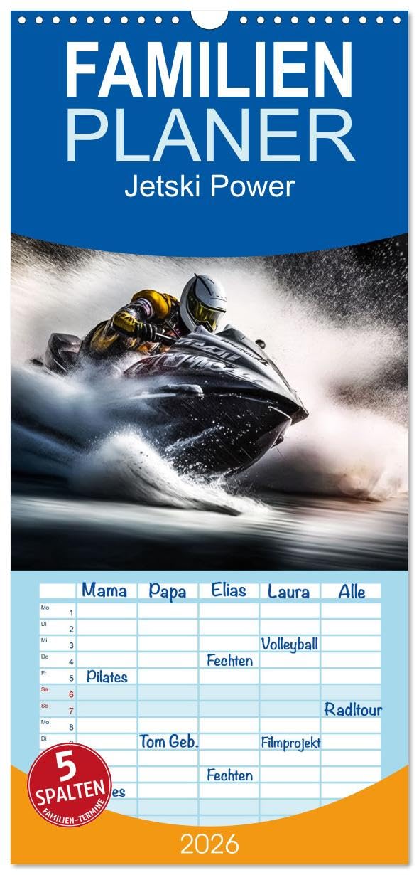 Familienplaner 2026 - Jetski Power mit 5 Spalten (Wandkalender, 21 cm x 45 cm), CALVENDO Leisure & Fun