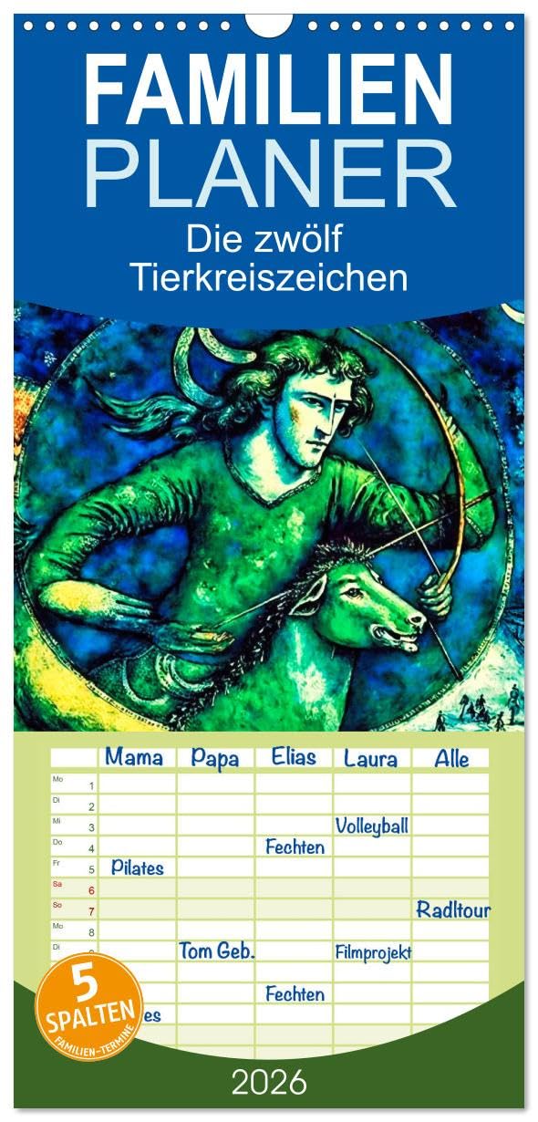 Familienplaner 2026 - Die zwölf Tierkreiszeichen mit 5 Spalten (Wandkalender, 21 cm x 45 cm), CALVENDO Social Sciences