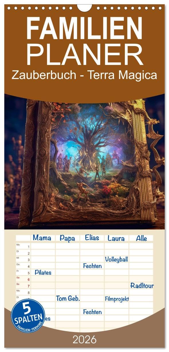 Familienplaner 2026 - Zauberbuch - Terra Magica mit 5 Spalten (Wandkalender, 21 cm x 45 cm), CALVENDO Lifestyle