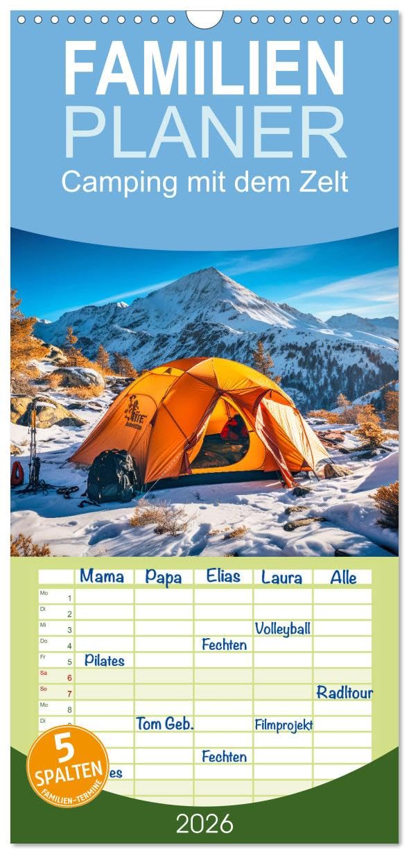 Familienplaner 2026 - Camping mit dem Zelt mit 5 Spalten (Wandkalender, 21 cm x 45 cm), CALVENDO Garden & Plants