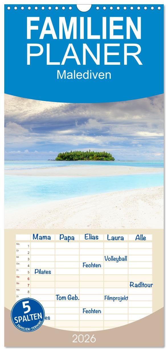 Familienplaner 2026 - Malediven, Perle im Indischen Ozean mit 5 Spalten (Wandkalender, 21 cm x 45 cm), CALVENDO Leisure, Home & Garden