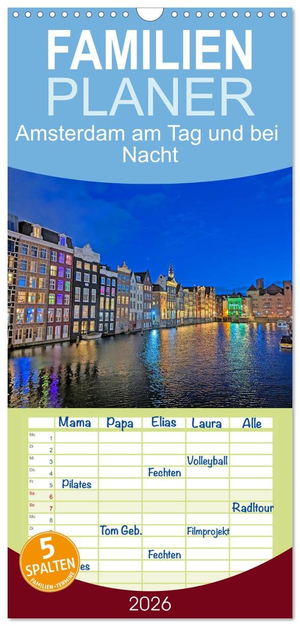 Familienplaner 2026 - Amsterdam am Tag und bei Nacht mit 5 Spalten (Wandkalender, 21 cm x 45 cm), CALVENDO Film, Art & Culture