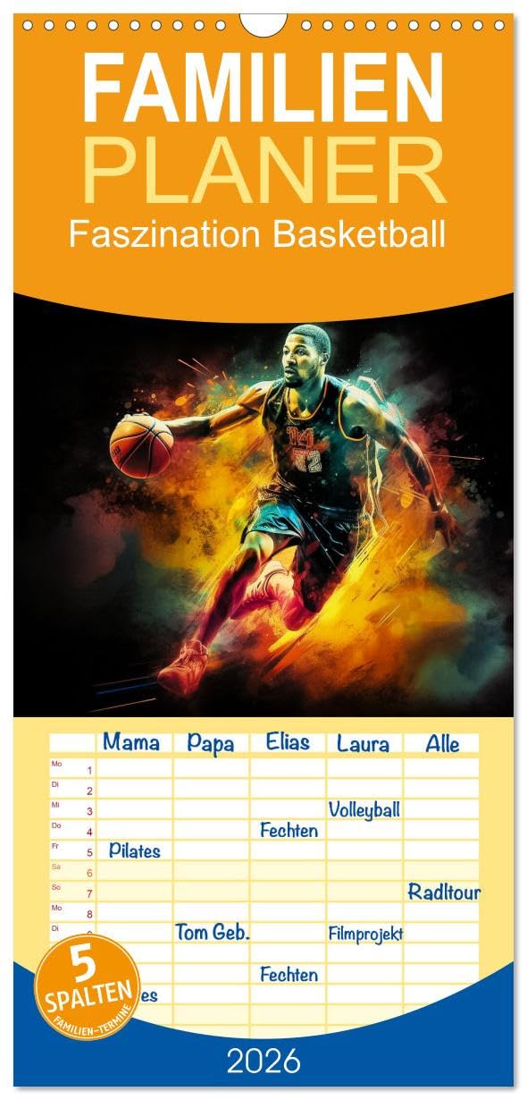 Familienplaner 2026 - Faszination Basketball mit 5 Spalten (Wandkalender, 21 cm x 45 cm), CALVENDO Film, Art & Culture