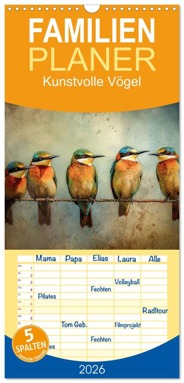Familienplaner 2026 - Kunstvolle Vögel mit 5 Spalten (Wandkalender, 21 cm x 45 cm), CALVENDO Garden & Plants