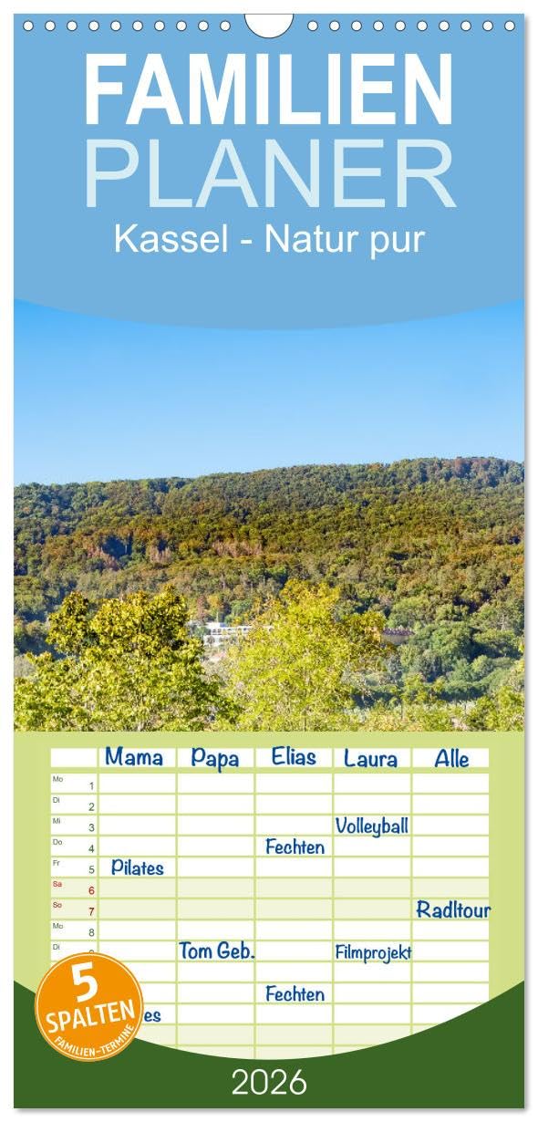 Familienplaner 2026 - Kassel - Natur pur mit 5 Spalten (Wandkalender, 21 cm x 45 cm), CALVENDO Photography
